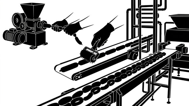 Industrial sausage manufacturing process showing hands stuffing casings from meat grinder worker using spiked pricker roller on conveyor belt line vector silhouette illustration set