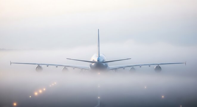 Commercial airplane taking off from runway in dense fog with soft morning light and misty atmosphere