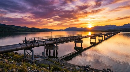 Fototapeta premium Massive industrial metallic pipelines stretching across serene calm lake during dramatic golden hour sunset casting long, vibrant shadows.