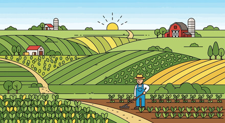 Farmer working in lush green fields at sunrise, rural landscape with barns and silos © adi