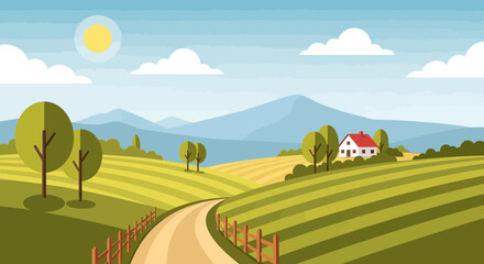 Fototapeta premium Scenic countryside landscape with rolling hills, farm, and winding road under a sunny sky.