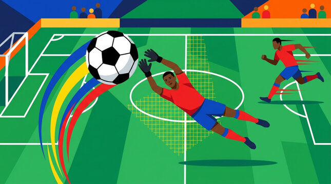 World Football Championship Dynamic moment of a soccer goalkeeper making an acrobatic save during an intense match on a vibrant green field, illustrating athletic skill and quick reflexes