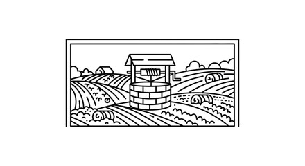 Obraz premium Farm Landscape with Well, Hay Bales, and Fields - Rural Countryside Illustration