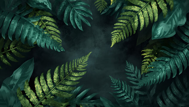 Tropical Palm Fronds Frame on Dark Textured Background