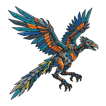 Striking robotic bird with metallic wings and feathered tail in mid-flight, exuding a powerful and futuristic presence