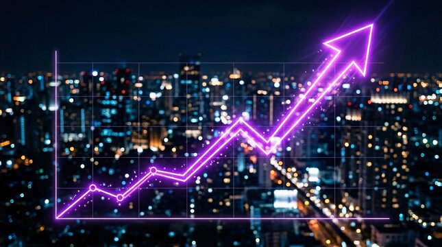 Upward trending financial stock market graph featuring glowing neon purple arrow pointing towards sky, layered over blurred modern cityscape.