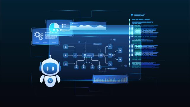 Futuristic AI workflow automation dashboard with ai agent assistant, coding panels and data analytics dashboard, looped animation