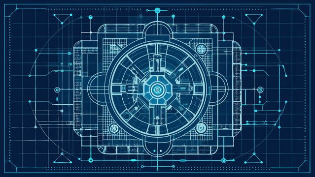 Complex technological blueprint circuitry grid design with blueprint technology circuitry technical schematic engineering futuristic abstract geometry structure infrastructure detailed