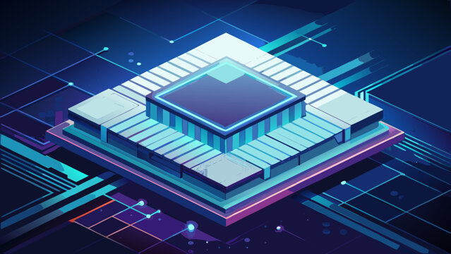 Digital central processing unit isometric chip illustration with processor technology isometric electronics computer hardware motherboard microchip innovation engineering abstract component