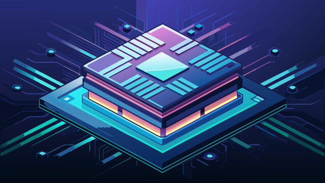 Isometric central processing unit microchip on futuristic digital circuit board with microprocessor technology processor hardware computer electronics engineering information mainframe