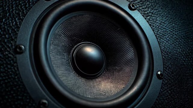 Audio speaker vibrating, Detailed view of a speaker with a glowing red light