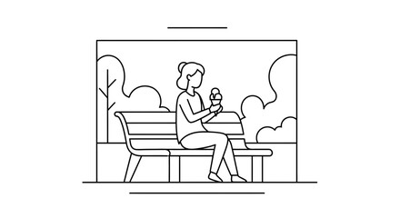 Obraz premium Woman eating ice cream on park bench, leisure activity, line art illustration