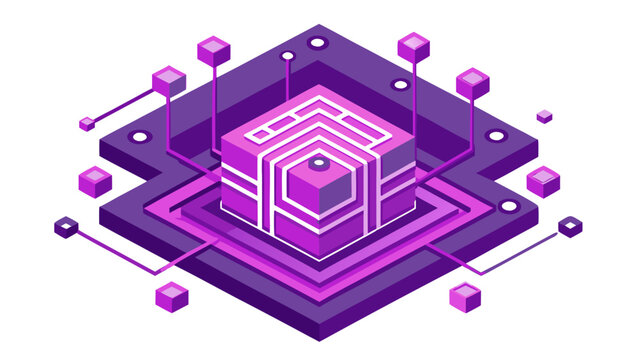 Isometric digital processor hub network structure concept with isometric processor technology circuitry computing abstract architecture background communication connection connectivity