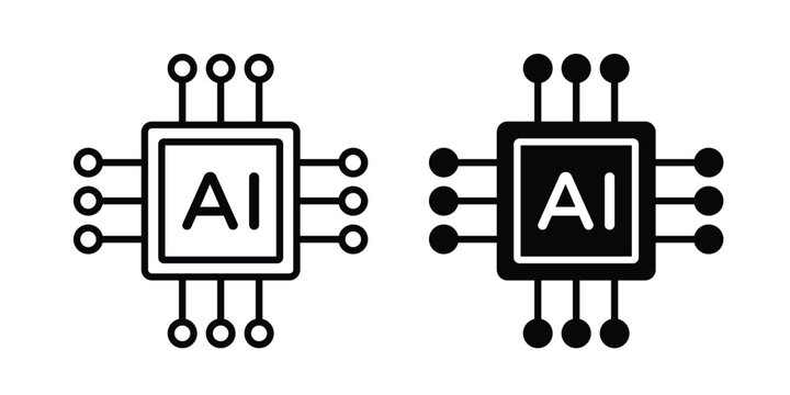 AI processor chip icon graphic element set in black linear and clipatrt.