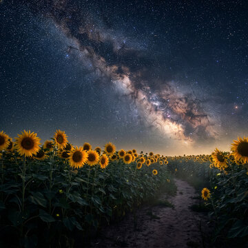 Sunflower ひまわり 258 Milky Way Galaxy and Fireflies Over Sunflower Field with Dirt Path at Night（夜のひまわり畑と未舗装の小道の上に広がる天の川銀河とホタル）