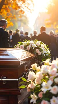 A solemn funeral scene with a casket and mourners