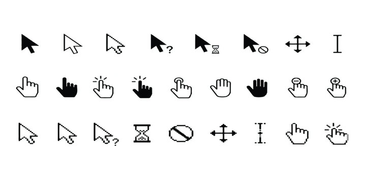 hand-drawn cursor and pointer icons including arrows, hands, hourglass, and interactive symbols, perfect for user interface, web, and graphic design projects