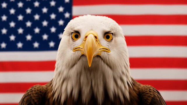 Closeup of Bald Eagle Squawking with American Flag in Background