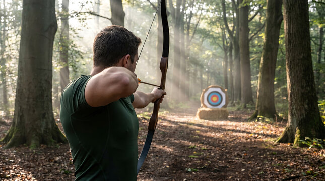 Male archer from behind, with traditional wooden recurve bow, aiming arrow at a colorful target, sunlit misty forest with trees, outdoor sports photography