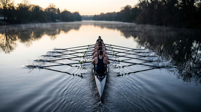 Rowing team in a coxed eight boat, with symmetrical oars creating water splashes, paddling in unison, calm misty river at sunrise, sports photography