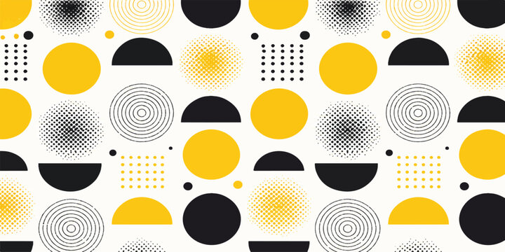 abstract pattern with black and yellow geometric circles, semicircles, and dots forming a modern decorative design suitable for backgrounds and wallpapers