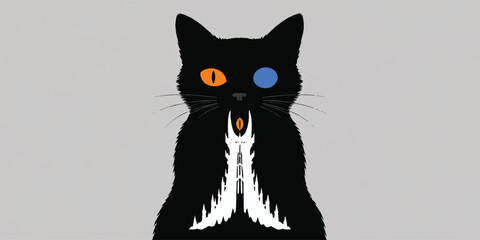 black cat silhouette sitting upright with glowing heterochromatic eyes and paws together in a praying pose on a minimalist neutral background © mahabubmorshed