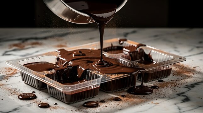Rich melted chocolate being generously poured over freshly baked brownies in clear plastic containers on an elegant marble countertop.