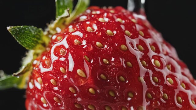 Closeup of a waterdrenched strawberry ideal for sleek commercial backgrounds and title sequences
