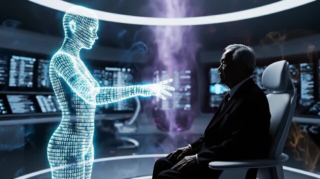 Man observing holographic digital avatars in futuristic control room, focused posture in immersive environment, african american male side view medium shot, human AI interaction concept