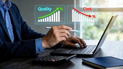 Fototapeta premium Quality increasing and cost decreasing chart comparison, business efficiency optimization, profit maximization, financial analysis dashboard, budget management, economic