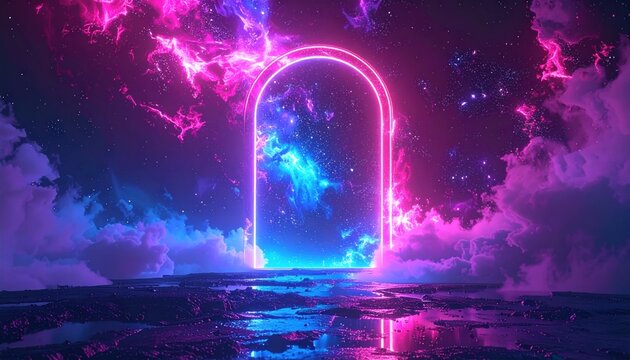 Illuminated portal amidst a celestial nebula, reflecting on a hazy surface