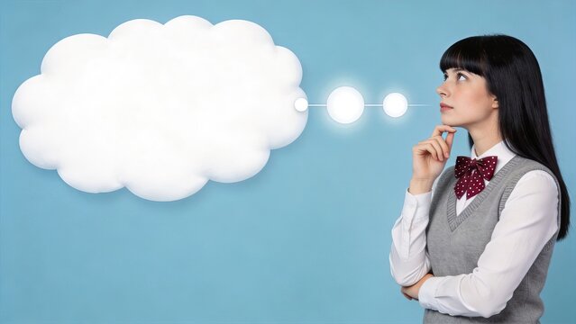 Young woman thinking about new idea with empty thought bubble on blue background, conceptual image for brainstorming and creativity