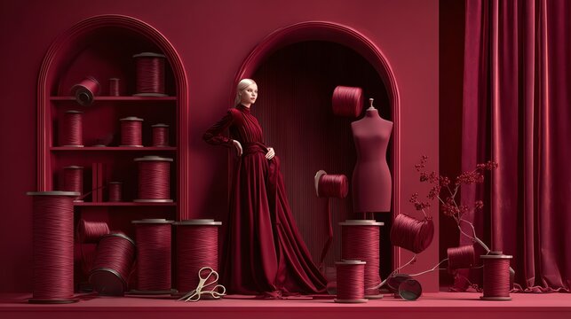 Elegant woman in a red velvet dress with sewing supplies and mannequin