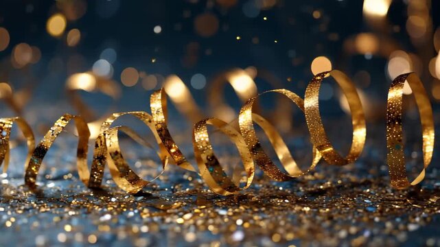 Celebration with golden streamers and glittering lights, Golden streamers cascade against a vibrant blue