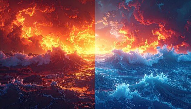 Split view of ocean waves under fiery sunset and cool sunrise skies