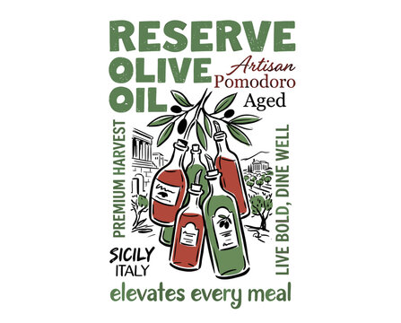 Reserve olive oil vintage, sicily italy harvest, artisan pomodoro aged, italian kitchen print, apparel graphic, food illustration