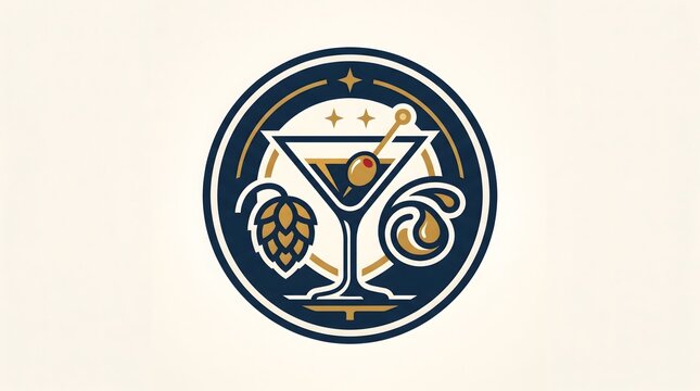 A vintage-style circular emblem logo design featuring a classic martini cocktail glass with an olive, a craft beer hop cone, and a stylized wave or liquid splash