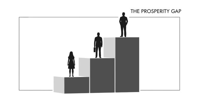 The Prosperity Gap: Economic Inequality and Social Disparity Represented by Silhouettes on a Bar Chart