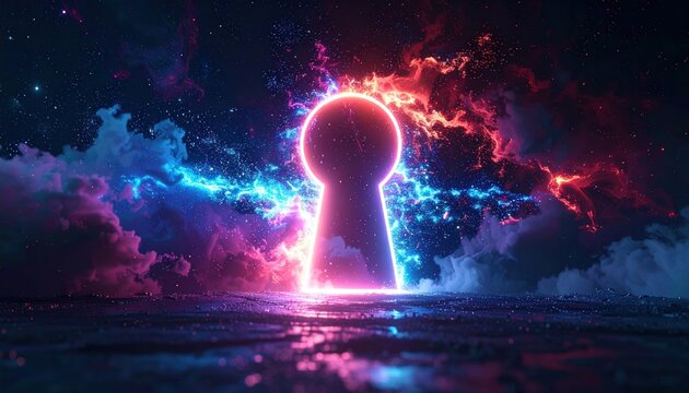 A glowing keyhole reveals a cosmic, nebula-filled portal
