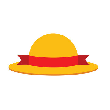 Iconic yellow straw hat with a vibrant red ribbon band.