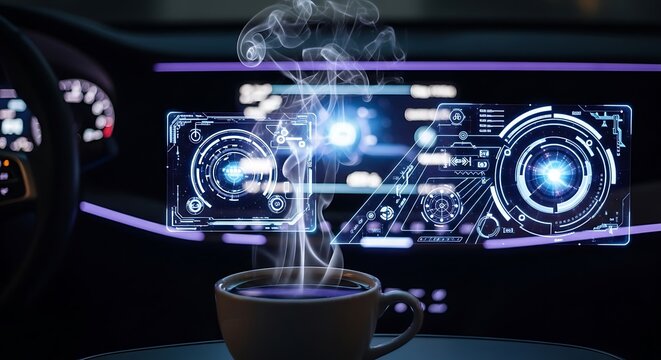 Close-up of a futuristic holographic control panel interface.