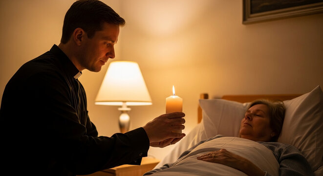 Catholic priest performing spiritual last rites for an elderly dying woman in a bedroom by candlelight, providing comfort and pastoral care.