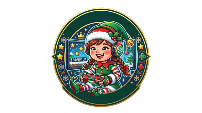 Adorable Christmas Elf Gamer Girl Joyfully Playing Holiday Video Games, Surrounded by Festive Winter Decorations and Sparkling Magic