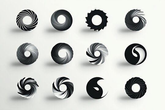 Set of twelve unique black circular swirl icons.
