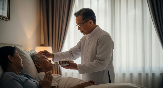 Asian Catholic Priest Performing Sacrament of Anointing of the Sick for Elderly Man in Home Hospice Care Setting Accompanied by a Praying Relative