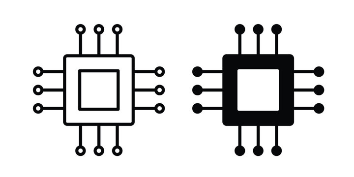 Computer microchip icon graphic element set in black linear and clipatrt.