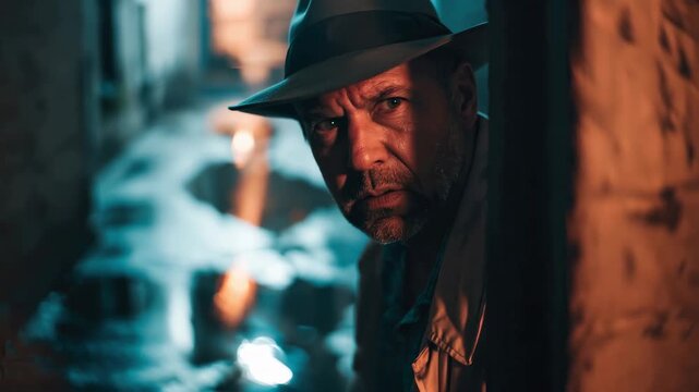 Noir alley scene features a man in a trench coat under dramatic lighting with reflections in puddles on the ground at night in an urban setting
