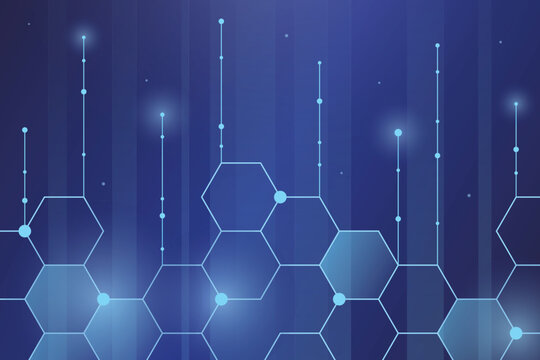 Futuristic blue surface hexagon background. Hologram with cyber light trails backdrop. Abstract circuit line technology,  innovation future tech data, internet global network connection.