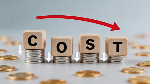 Cost reduction concept with wooden blocks spelling cost on coin stacks, red arrow pointing down, financial savings strategy