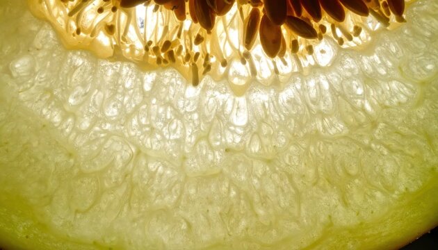 Macro texture of fresh melon slice seeds and pulp.